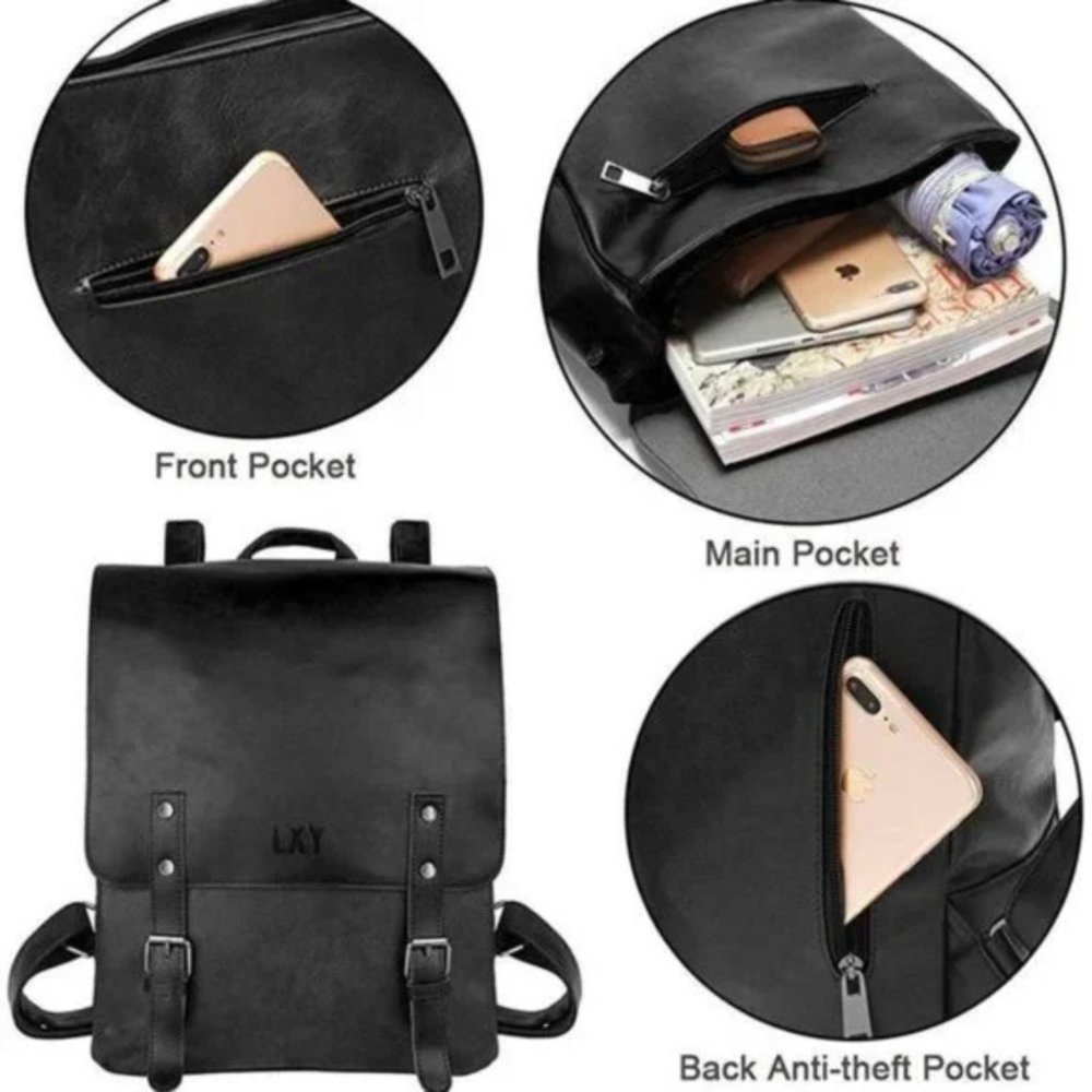 New Vegan Leather Backpack Vintage, Black - Picture 3 of 7